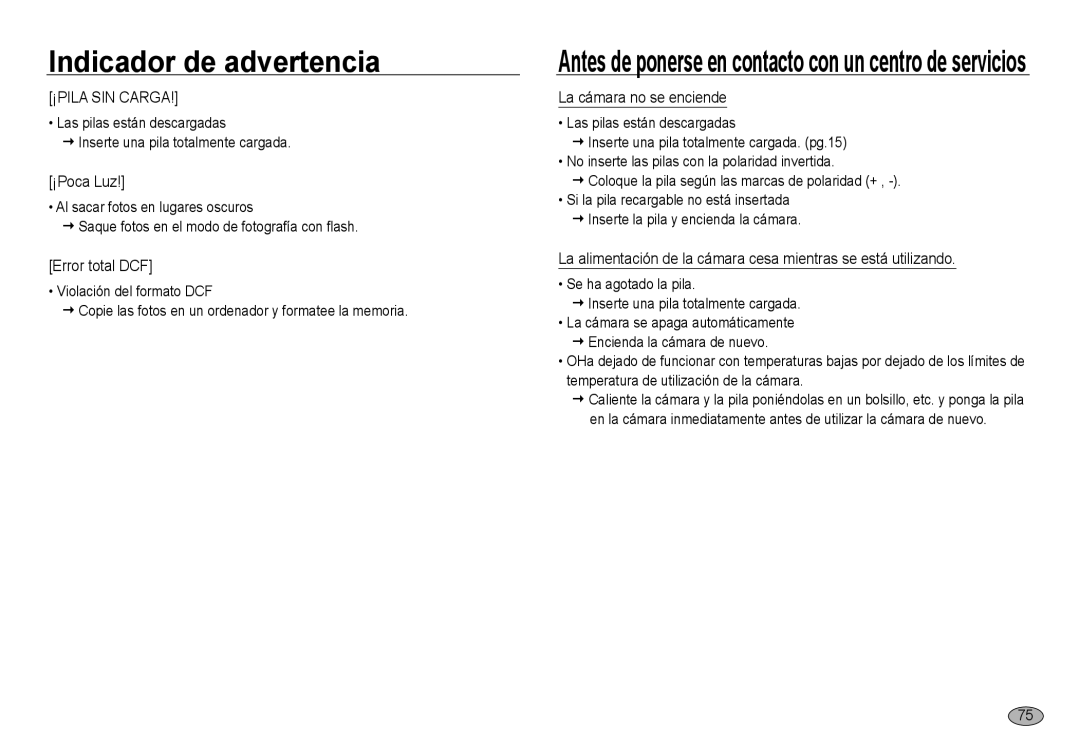 Samsung EC-NV24HBBA/E1, EC-NV24HBBA/E3 Antes de ponerse en contacto con un centro de servicios, ¡Poca Luz, Error total DCF 