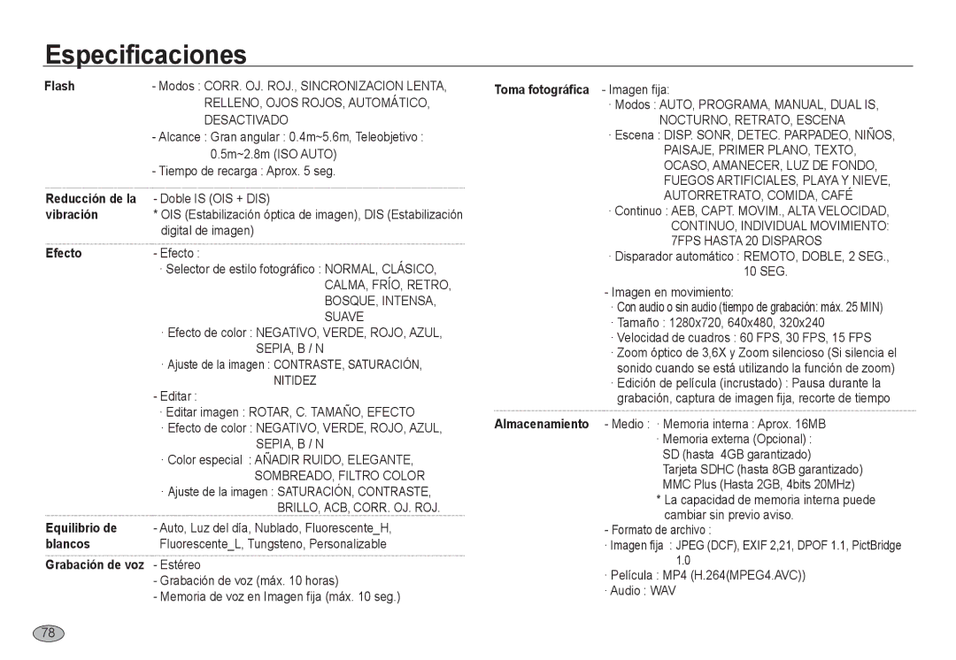 Samsung EC-NV24HSBB/E1 manual RELLENO, Ojos ROJOS, Automático, Desactivado, BOSQUE, Intensa, Suave, Sepia, B / N, Nitidez 