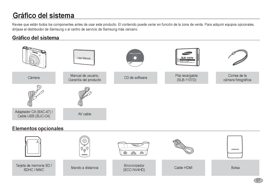 Samsung EC-NV24HSBA/E3, EC-NV24HBBA/E3, EC-NV24HSBB/E1 Gráfico del sistema, Elementos opcionales, Cámara, CD de software 