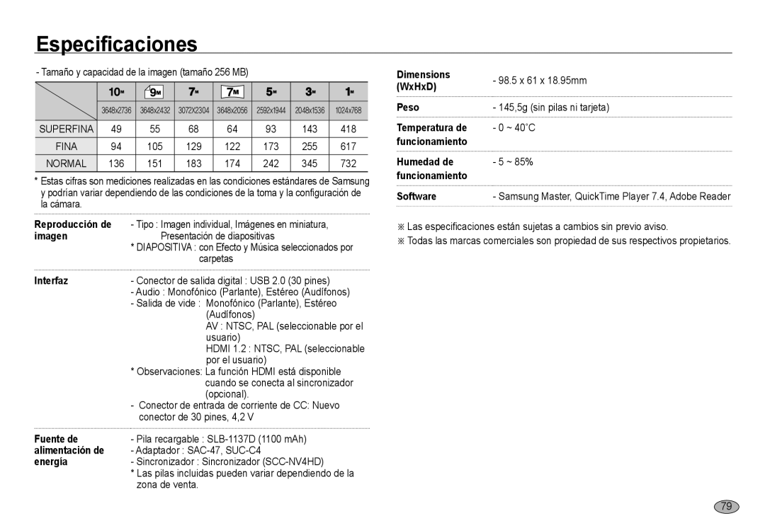 Samsung EC-NV24HBBB/E1 98.5 x 61 x 18.95mm, 143, ~ 40˚C, 255, ~ 85%, La cámara, Presentación de diapositivas, Carpetas 