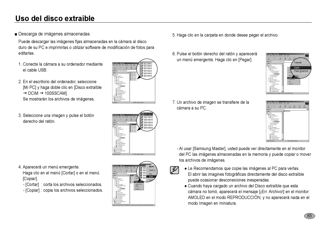 Samsung EC-NV24HSBB/E1, EC-NV24HBBA/E3, EC-NV24HSBA/E3 manual Uso del disco extraíble, Descarga de imágenes almacenadas 