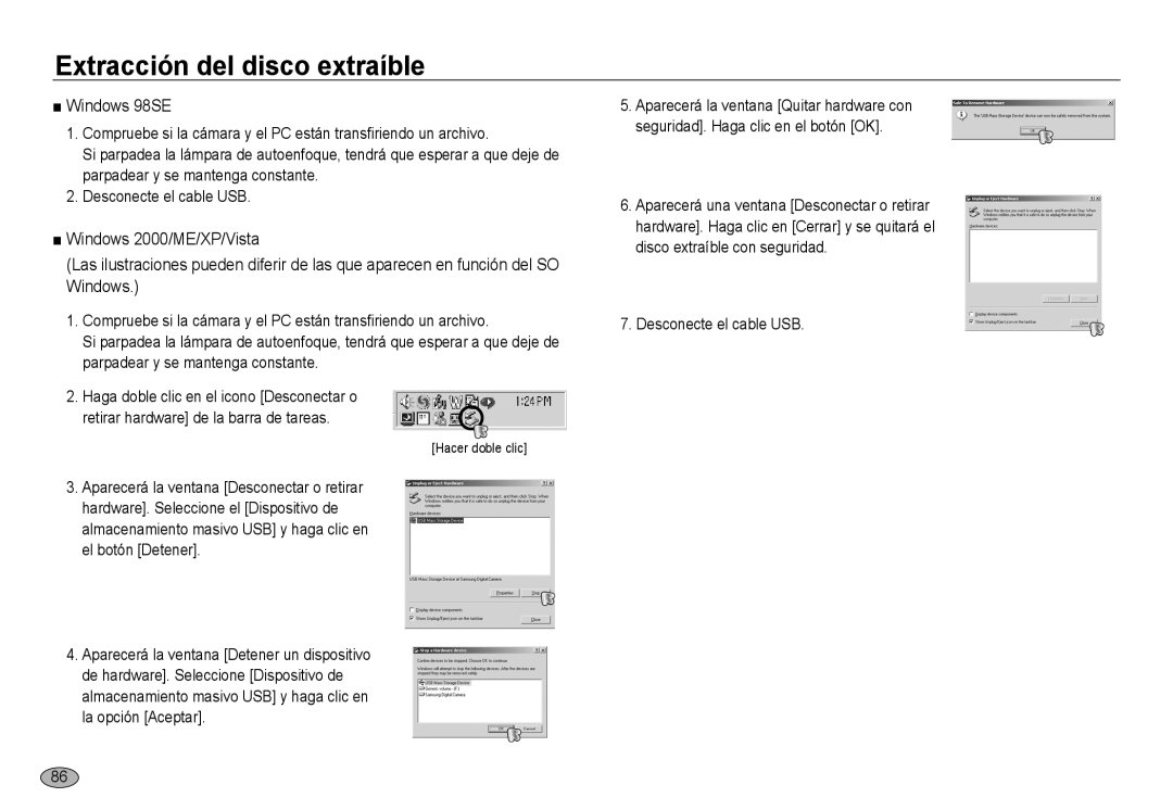 Samsung EC-NV24HBBB/E1, EC-NV24HBBA/E3, EC-NV24HSBA/E3, EC-NV24HSBB/E1 manual Extracción del disco extraíble, Windows 98SE 