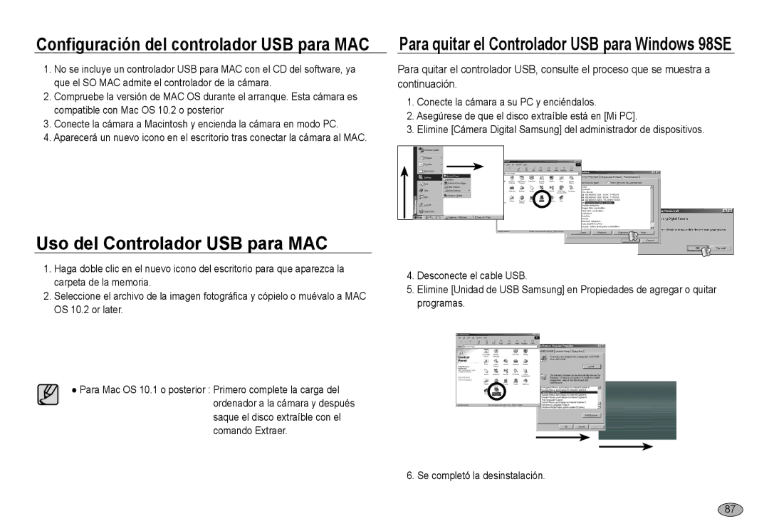 Samsung EC-NV24HSBA/E1 manual Configuración del controlador USB para MAC, Para quitar el Controlador USB para Windows 98SE 