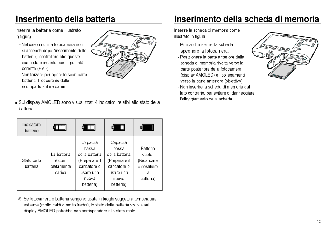 Samsung EC-NV24HBBB/E1 Inserimento della batteria, Inserire la batteria come illustrato in figura, Indicatore Batterie 