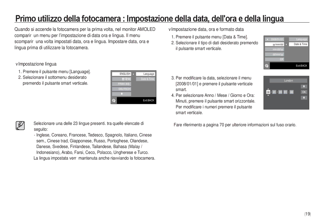 Samsung EC-NV24HBBB/IT, EC-NV24HBBA/E3, EC-NV24HSBA/E3 manual Impostazione data, ora e formato data, Impostazione lingua 