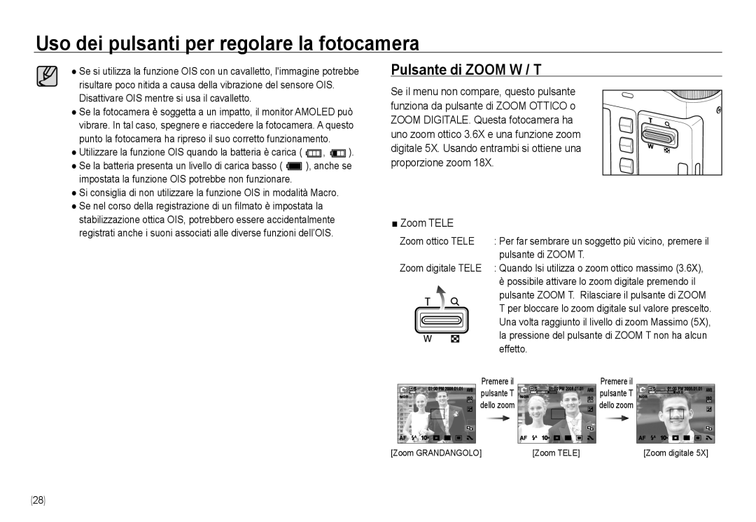 Samsung EC-NV24HSBB/IT, EC-NV24HBBA/E3, EC-NV24HSBA/E3, EC-NV24HSBB/E1, EC-NV24HSBA/IT manual Pulsante di Zoom W / T, Zoom Tele 