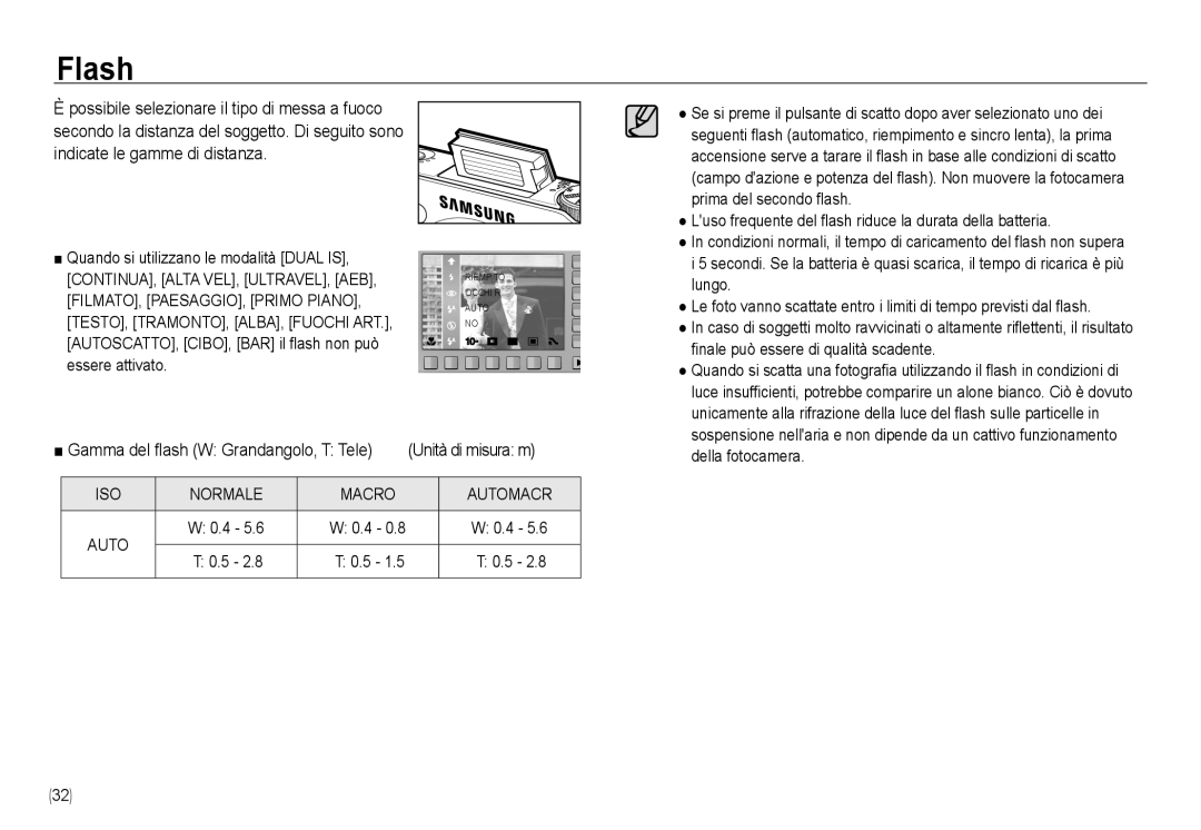 Samsung EC-NV24HSBA/E1, EC-NV24HBBA/E3, EC-NV24HSBA/E3 manual Flash, Indicate le gamme di distanza, Unità di misura m 