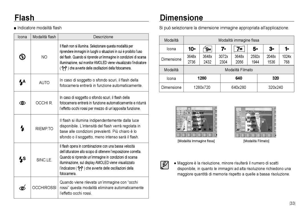 Samsung EC-NV24HBBA/IT, EC-NV24HBBA/E3, EC-NV24HSBA/E3, EC-NV24HSBB/E1, EC-NV24HSBA/IT Dimensione, Indicatore modalità flash 