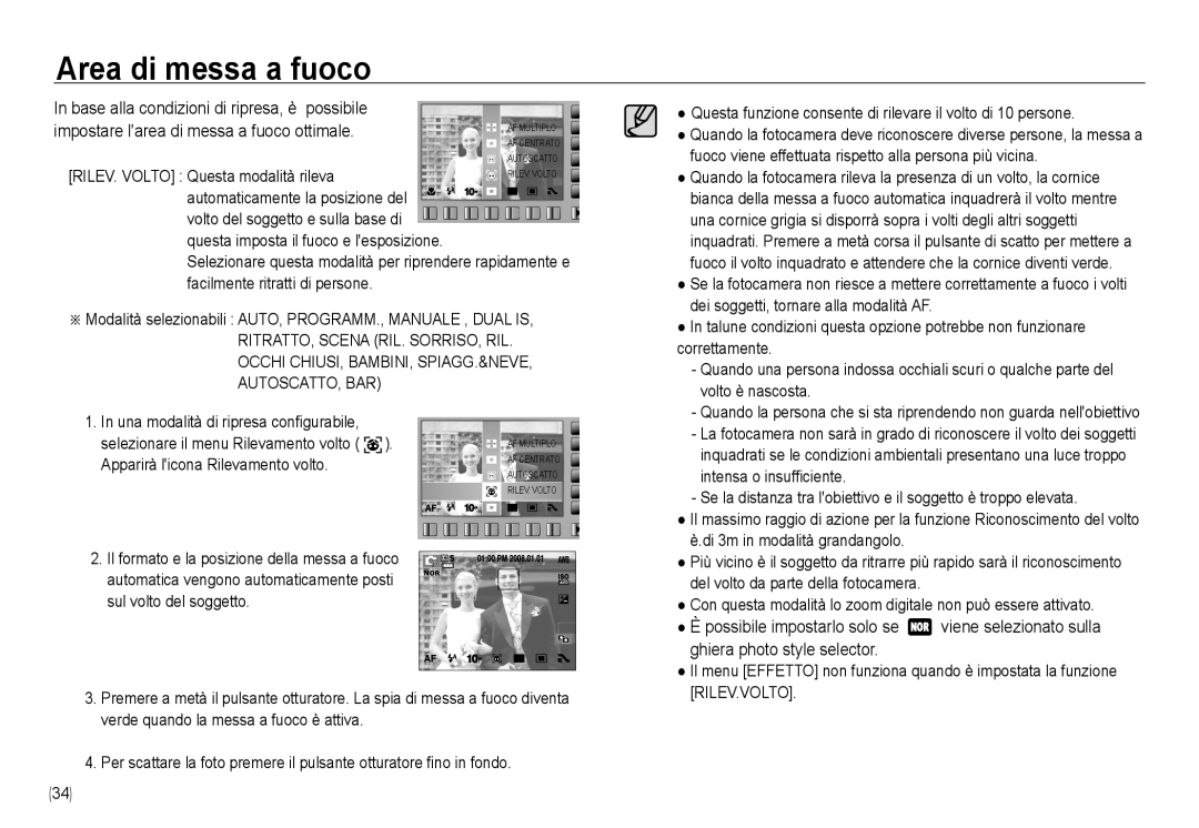 Samsung EC-NV24HBBC/E1 manual Questa funzione consente di rilevare il volto di 10 persone, Correttamente, Volto è nascosta 