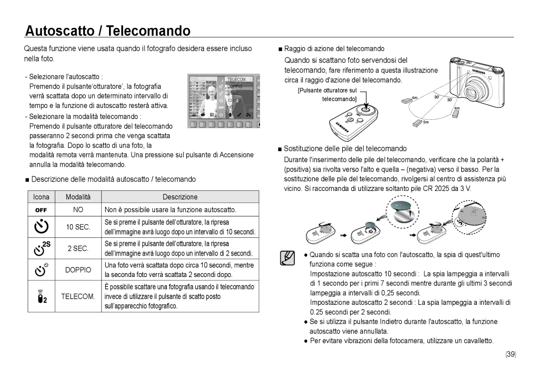 Samsung EC-NV24HBBB/E1, EC-NV24HBBA/E3 manual Autoscatto / Telecomando, Descrizione delle modalità autoscatto / telecomando 