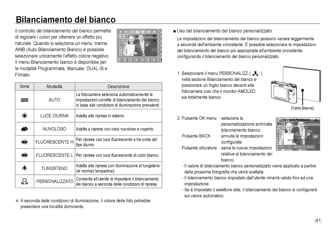 Samsung EC-NV24HSBC/IT, EC-NV24HBBA/E3 manual Bilanciamento del bianco, Uso del bilanciamento del bianco personalizzato 