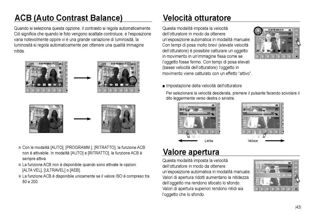 Samsung EC-NV24HBBB/IT, EC-NV24HBBA/E3, EC-NV24HSBA/E3 manual ACB Auto Contrast Balance, Velocità otturatore, Valore apertura 