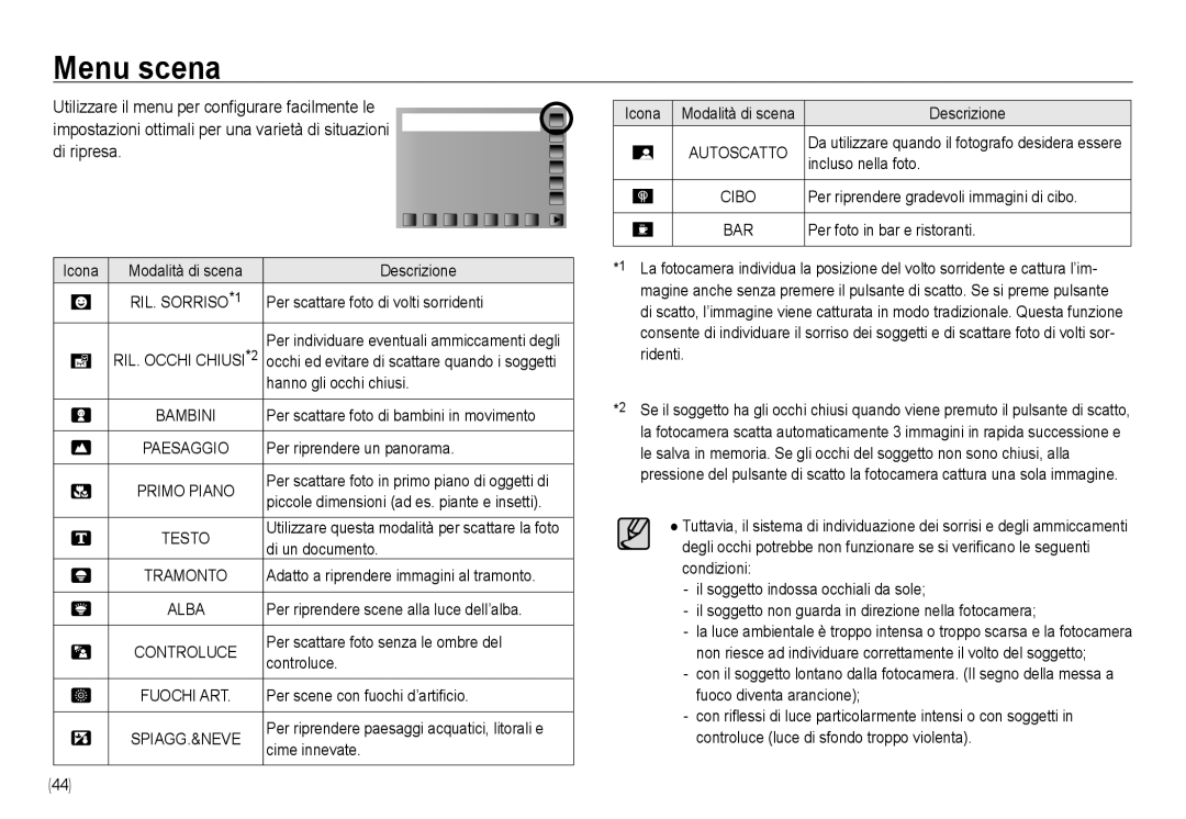 Samsung EC-NV24HSBA/E1, EC-NV24HBBA/E3, EC-NV24HSBA/E3, EC-NV24HSBB/E1, EC-NV24HSBA/IT, EC-NV24HBBB/E1 manual Menu scena 