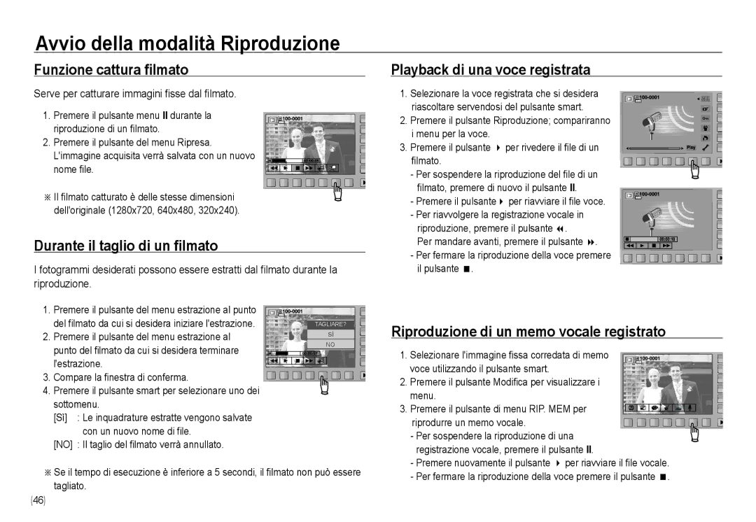 Samsung EC-NV24HBBC/E1 manual Funzione cattura filmato, Durante il taglio di un filmato, Playback di una voce registrata 