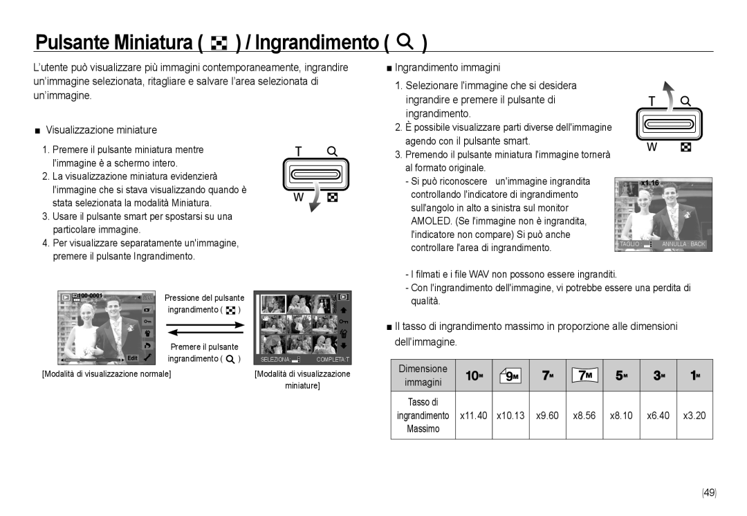 Samsung EC-NV24HSBB/E1, EC-NV24HBBA/E3 manual Pulsante Miniatura / Ingrandimento, X11.40 X10.13 X9.60 X8.56 X8.10 X6.40 