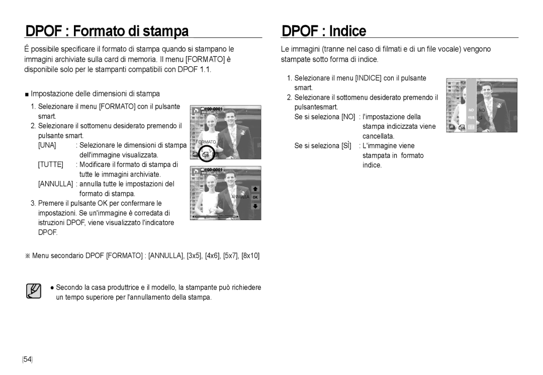 Samsung EC-NV24HBBC/IT manual Dpof Formato di stampa, Dpof Indice, Dellimmagine visualizzata, Tutte le immagini archiviate 