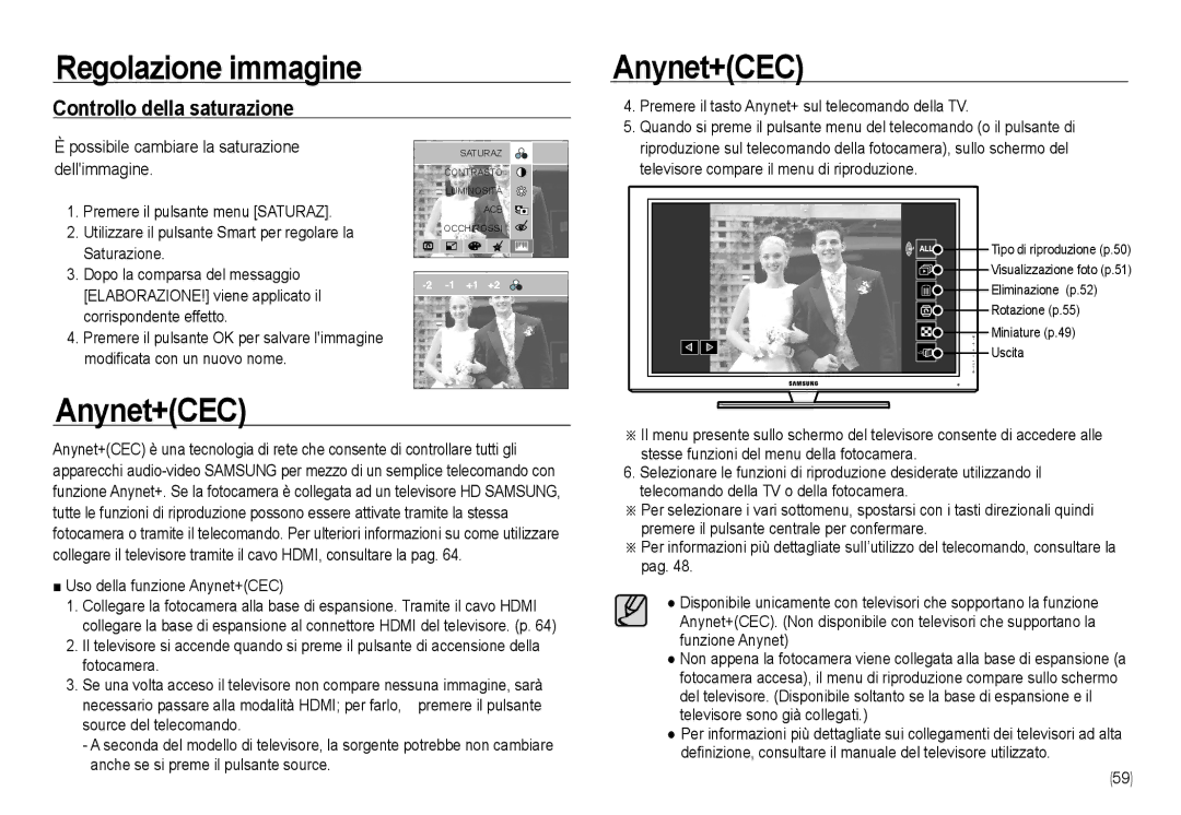 Samsung EC-NV24HBBA/E3 manual Anynet+CEC, Controllo della saturazione, Possibile cambiare la saturazione dellimmagine 