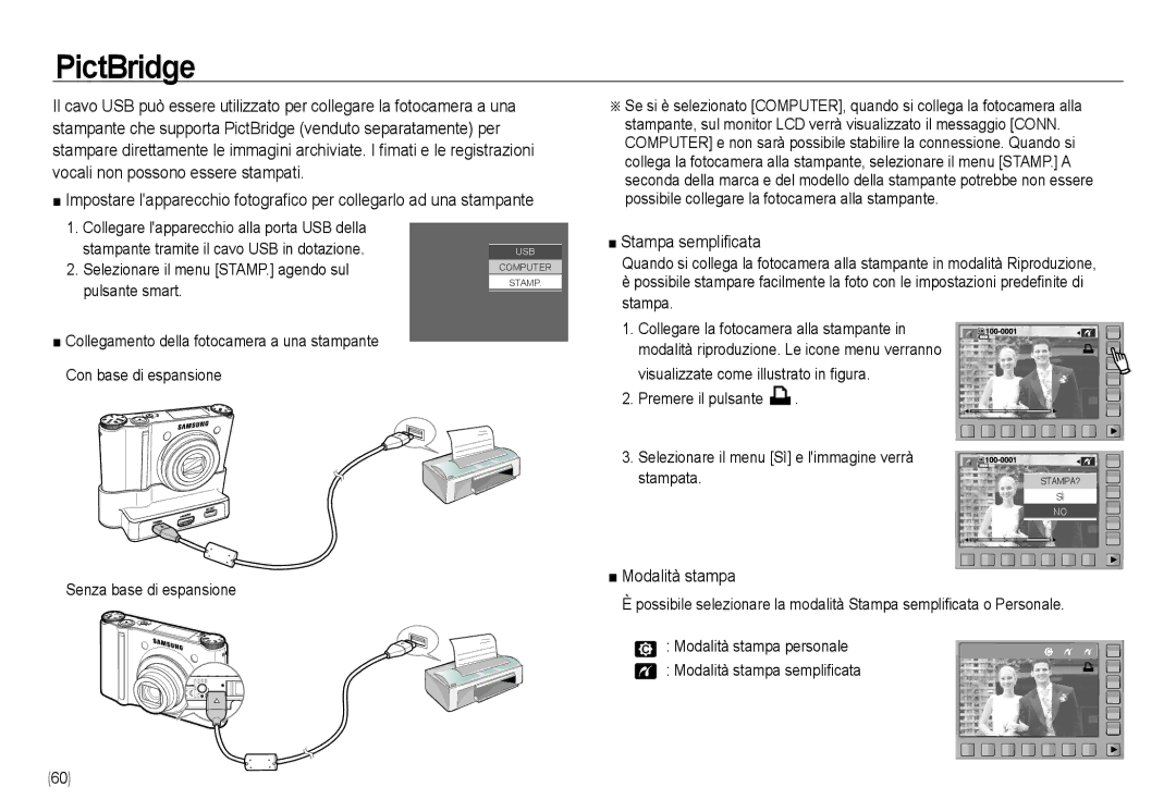 Samsung EC-NV24HSBA/E3, EC-NV24HBBA/E3 manual PictBridge, Stampa semplificata, Modalità stampa, Senza base di espansione 