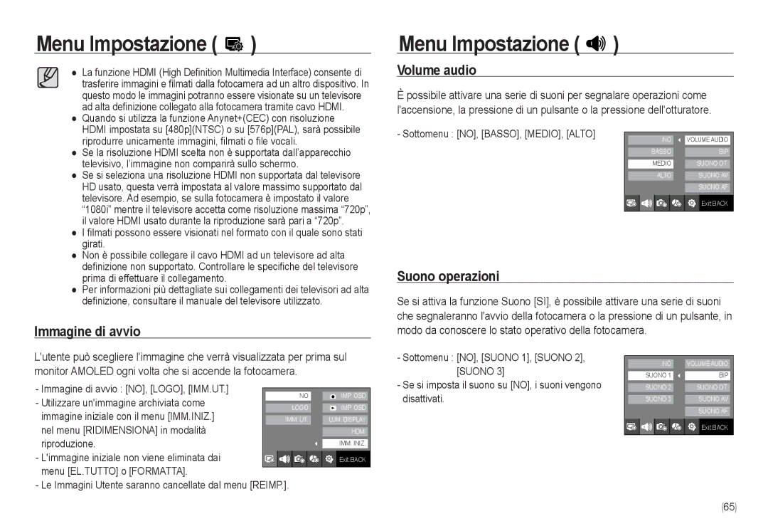 Samsung EC-NV24HSBC/IT, EC-NV24HBBA/E3, EC-NV24HSBA/E3, EC-NV24HSBB/E1 Immagine di avvio, Volume audio, Suono operazioni 