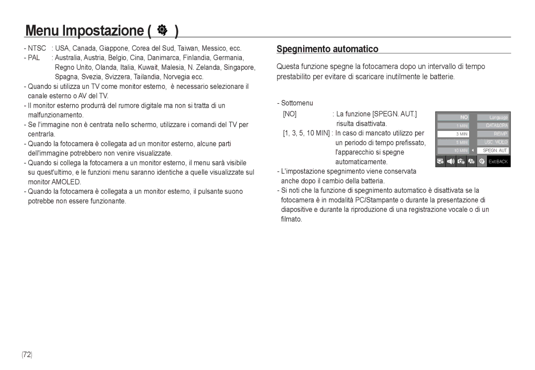 Samsung EC-NV24HSBA/E3, EC-NV24HBBA/E3, EC-NV24HSBB/E1, EC-NV24HSBA/IT, EC-NV24HBBB/E1 manual Spegnimento automatico, Ntsc, Pal 