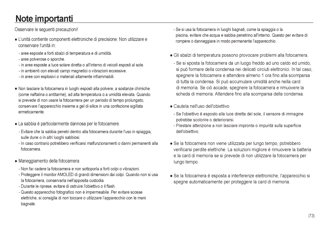 Samsung EC-NV24HSBB/E1 manual La sabbia è particolarmente dannosa per le fotocamere, Maneggiamento della fotocamera 