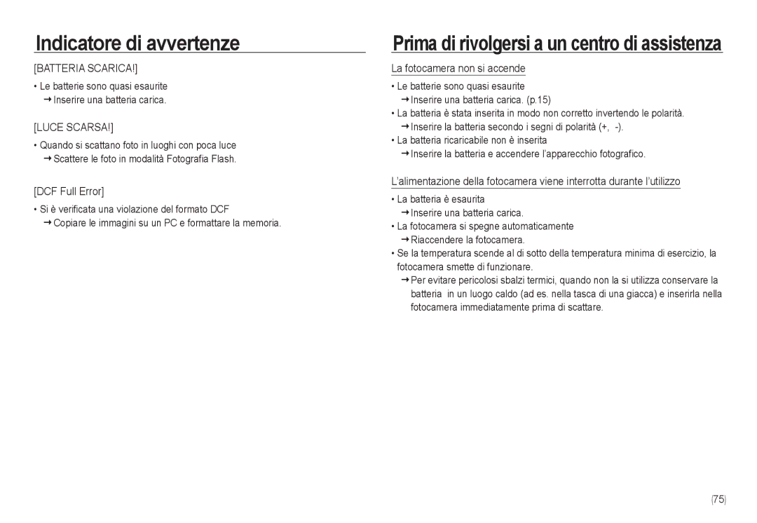 Samsung EC-NV24HBBB/E1, EC-NV24HBBA/E3, EC-NV24HSBA/E3, EC-NV24HSBB/E1 manual DCF Full Error, La fotocamera non si accende 