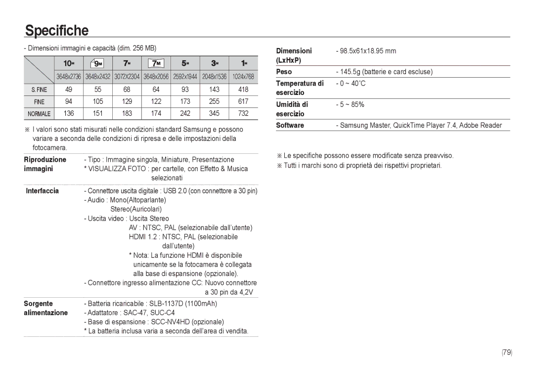 Samsung EC-NV24HBBB/IT, EC-NV24HBBA/E3 manual Dimensioni immagini e capacità dim MB, Batteria ricaricabile SLB-1137D 1100mAh 