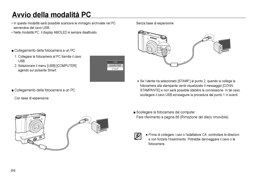 Samsung EC-NV24HSBA/E3 manual Collegamento della fotocamera a un PC, Collegare la fotocamera al PC tramite il cavo USB 