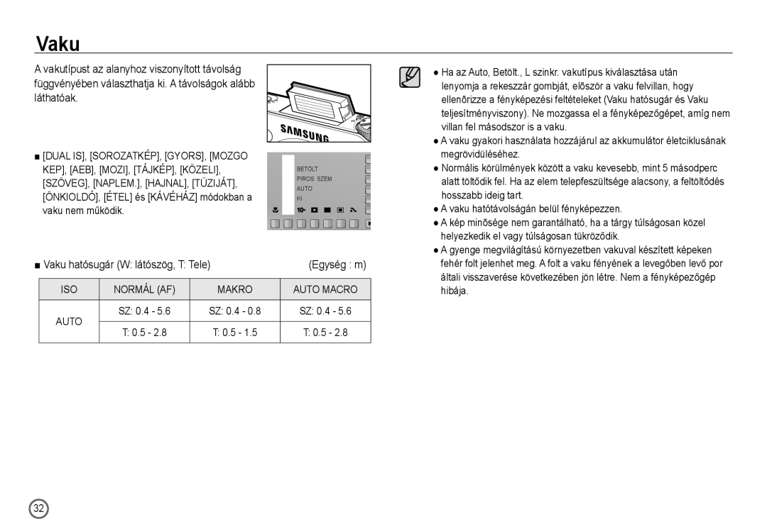 Samsung EC-NV24HBBC/E1, EC-NV24HBBA/E3 manual Vaku hatósugár W látószög, T Tele, SZÖVEG, NAPLEM., HAJNAL, Tüziját 