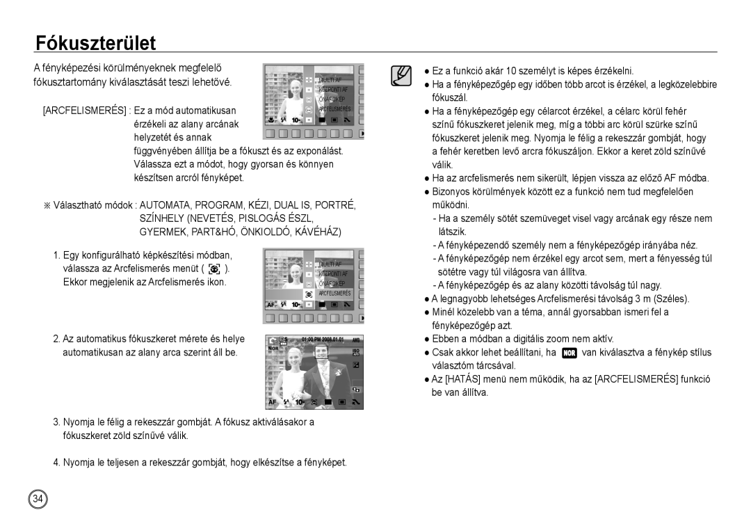 Samsung EC-NV24HBBD/E3, EC-NV24HBBA/E3, EC-NV24HSBA/FR, EC-NV24HSBA/E3, EC-NV24HBBA/FR, EC-NV24HBBC/IT manual Fókuszterület 