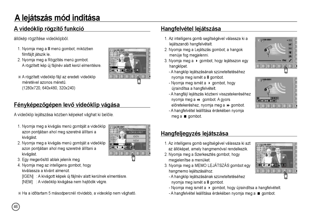 Samsung EC-NV24HSBA/E3 manual Videóklip rögzítő funkció, Fényképezőgépen levő videóklip vágása, Hangfelvétel lejátszása 