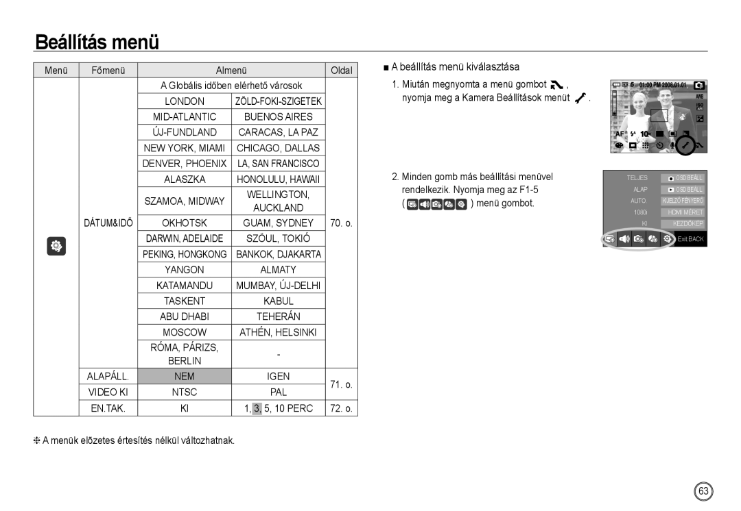 Samsung EC-NV24HSBA/FR, EC-NV24HBBA/E3, EC-NV24HSBA/E3, EC-NV24HBBA/FR, EC-NV24HBBC/IT manual Beállítás menü kiválasztása 