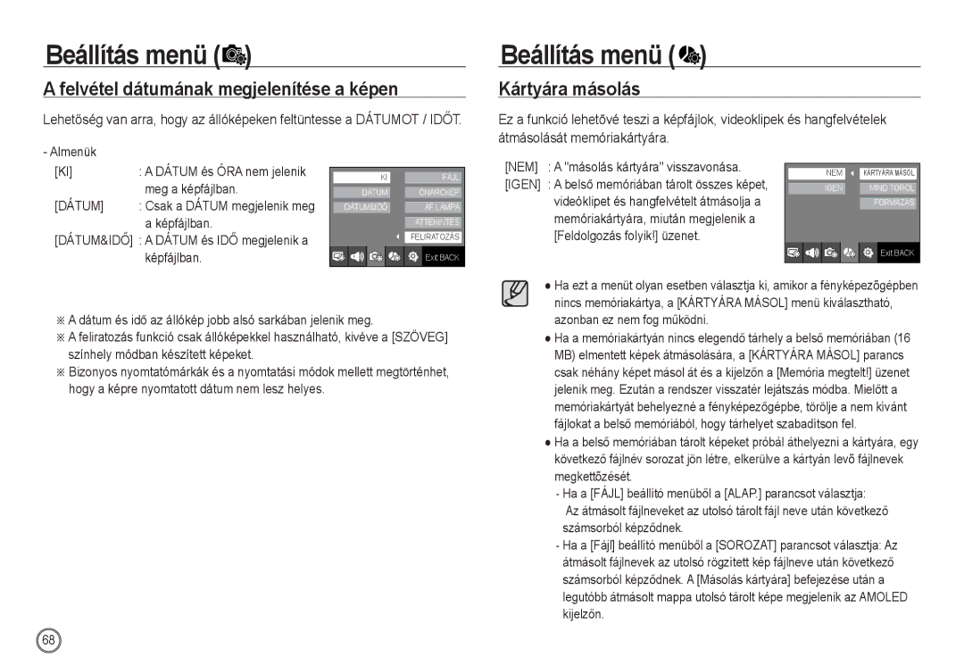 Samsung EC-NV24HBBC/E1, EC-NV24HBBA/E3, EC-NV24HSBA/FR Felvétel dátumának megjelenítése a képen, Kártyára másolás, Dátum 