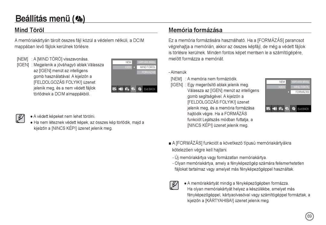 Samsung EC-NV24HSBD/E3, EC-NV24HBBA/E3, EC-NV24HSBA/FR manual Mind Töröl, Memória formázása, Mielőtt formázza a memóriát 