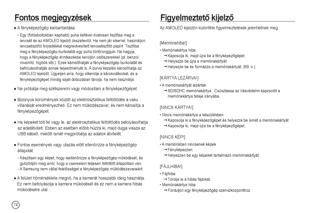 Samsung EC-NV24HBBA/FR, EC-NV24HBBA/E3, EC-NV24HSBA/FR, EC-NV24HSBA/E3 Figyelmeztető kijelző, Fényképezőgép karbantartása 