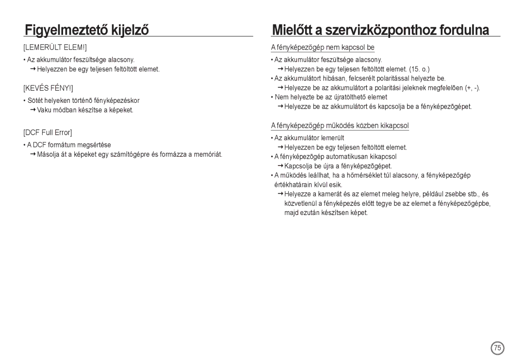 Samsung EC-NV24HBBC/IT manual DCF Full Error, Fényképezőgép nem kapcsol be, Fényképezőgép működés közben kikapcsol 