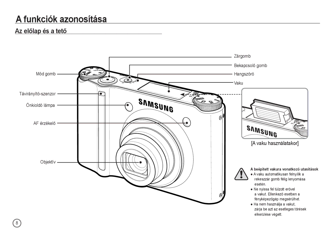 Samsung EC-NV24HBBA/E3, EC-NV24HSBA/FR, EC-NV24HSBA/E3, EC-NV24HBBA/FR manual Funkciók azonosítása, Az előlap és a tető 