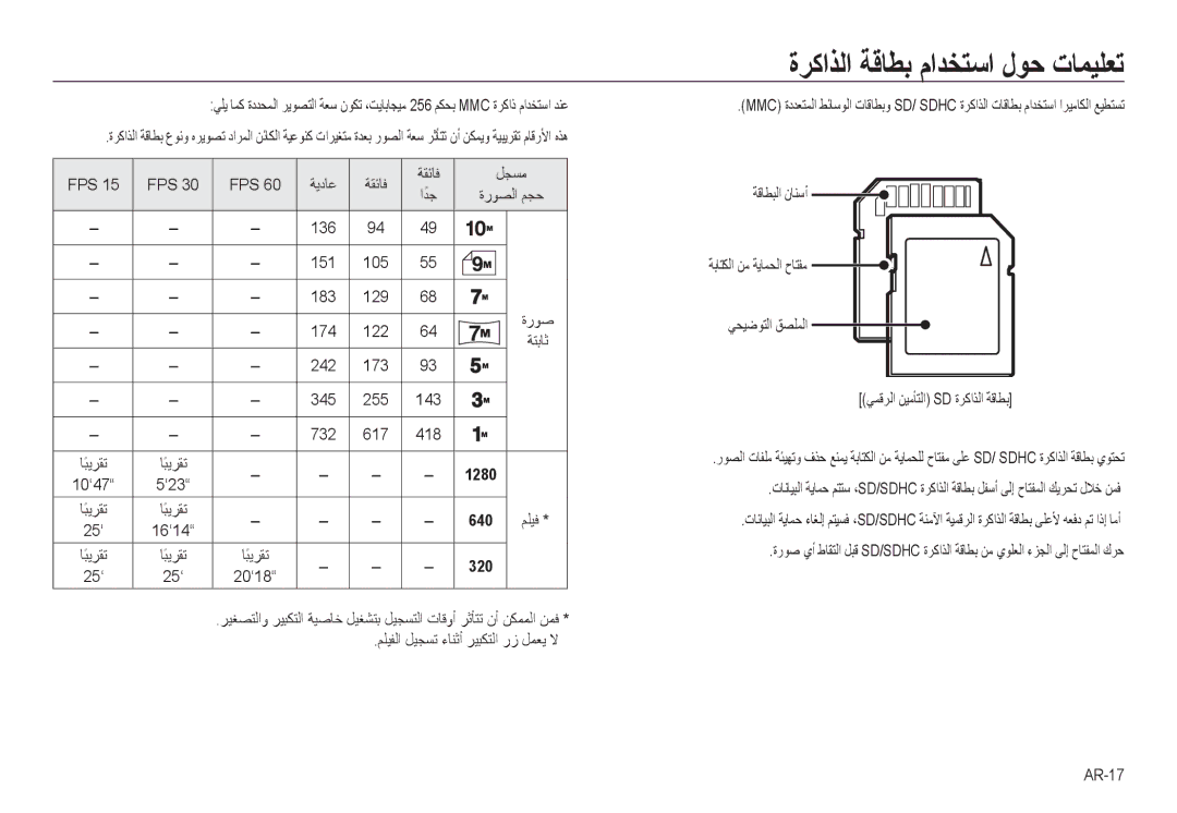 Samsung EC-NV24HSBB/AS, EC-NV24HBBB/AS, EC-NV24HBBE/AS ﺓﺮﻛﺍﺬﻟﺍ ﺔﻗﺎﻄﺑ ﻡﺍﺪﺨﺘﺳﺍ ﻝﻮﺣ ﺕﺎﻤﻴﻠﻌﺗ, 10‘47 ‘23 ﺎﺒﻳﺮﻘﺗً, 25‘, AR-17 