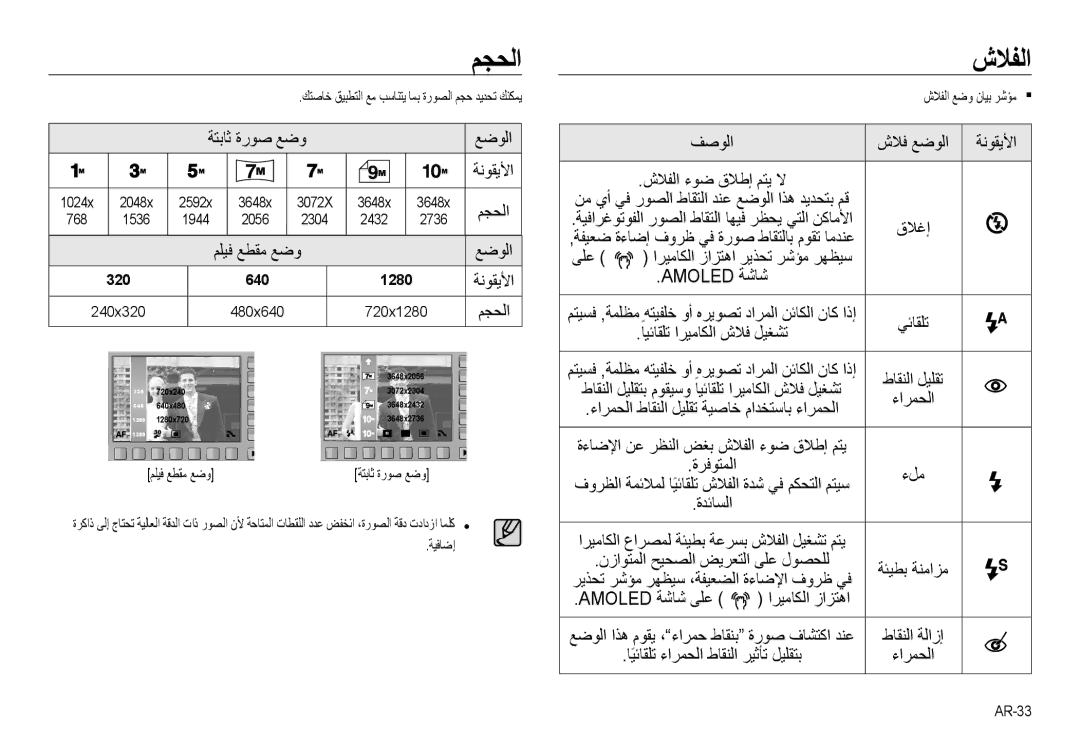 Samsung EC-NV24HSBB/AS, EC-NV24HBBB/AS, EC-NV24HBBE/AS, EC-NV24HSBE/AS manual ﻢﺠﺤﻟﺍ, ﺵﻼﻔﻟﺍ 