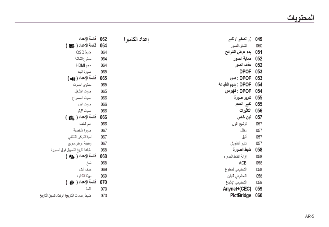 Samsung EC-NV24HSBB/AS, EC-NV24HBBB/AS, EC-NV24HBBE/AS, EC-NV24HSBE/AS manual تﺎﻳﻮﺘﺤﻤﻟا 