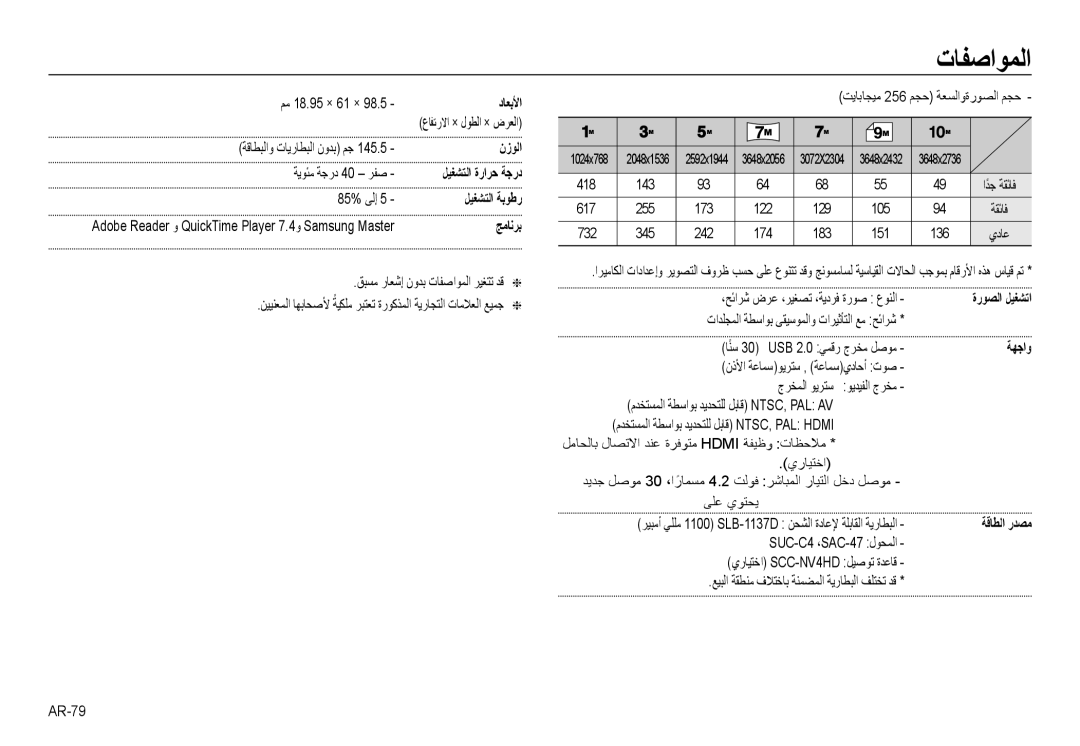 Samsung EC-NV24HBBB/AS, EC-NV24HBBE/AS, EC-NV24HSBB/AS, EC-NV24HSBE/AS manual ﺕﺎﻔﺻﺍﻮﻤﻟﺍ 