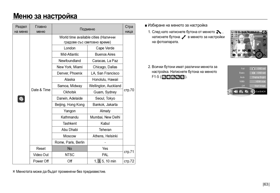 Samsung EC-NV24HBBD/E3 manual Избиране на менюто за настройка, Раздел Главно Подменю Стра, F1-5 