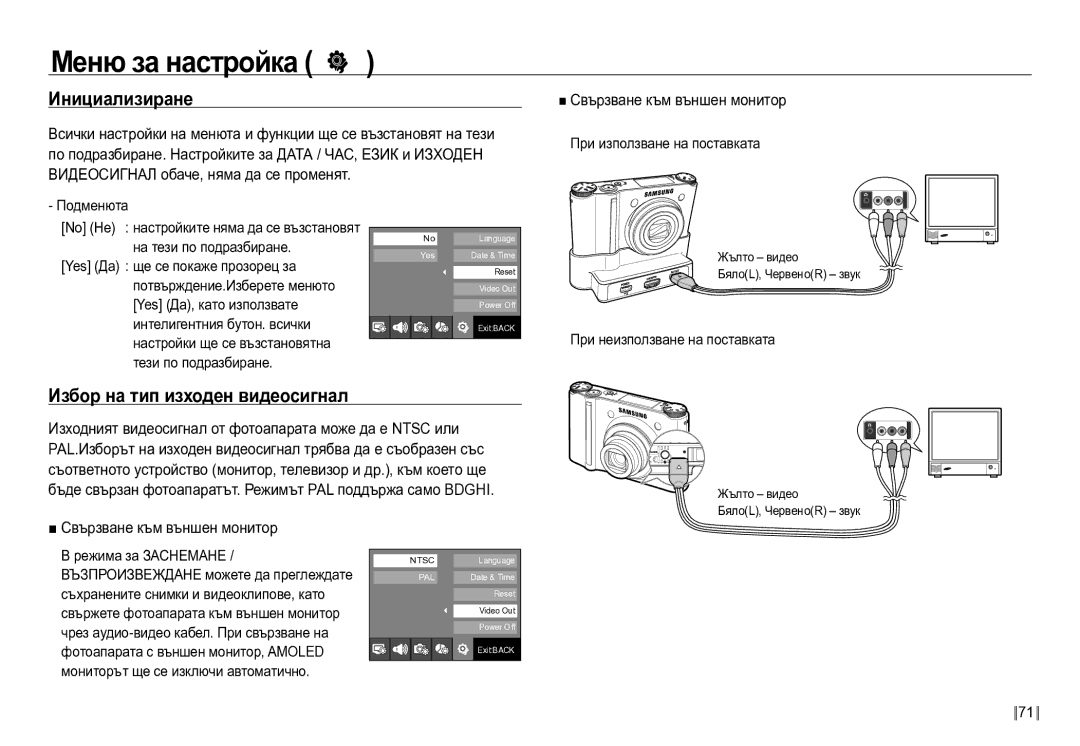 Samsung EC-NV24HBBD/E3 manual Инициализиране, Избор на тип изходен видеосигнал, Свързване към външен монитор 