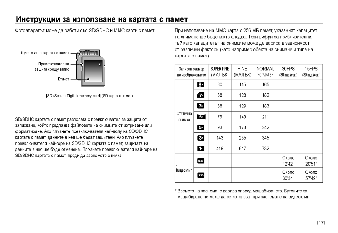 Samsung EC-NV30ZBDA/E3 manual Фотоапаратът може да работи със SD/SDHC и MMC карти с памет, Fine Normal 