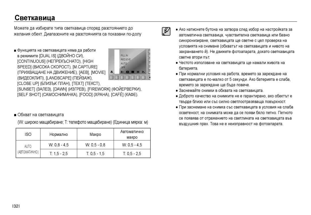 Samsung EC-NV30ZBDA/E3 manual Светкавица, Обхват на светкавицата, Iso 