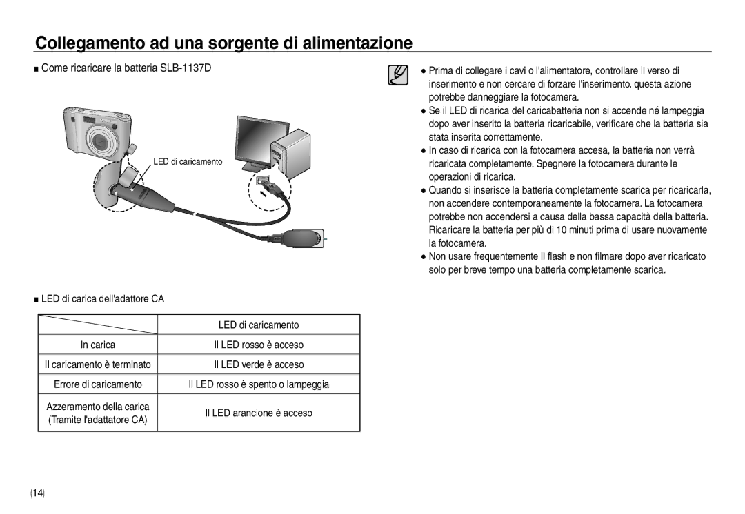 Samsung EC-NV30ZBDA/E3 manual Come ricaricare la batteria SLB-1137D, LED di carica delladattore CA LED di caricamento 