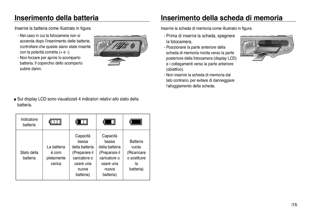 Samsung EC-NV30ZSBA/IT, EC-NV30ZSBA/E2, EC-NV30ZSDA/E3 manual Inserimento della batteria, Inserimento della scheda di memoria 