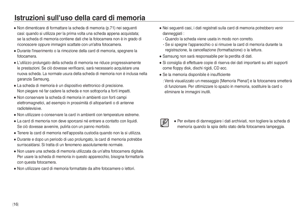 Samsung EC-NV30ZBBB/E1, EC-NV30ZSBA/E2, EC-NV30ZSDA/E3, EC-NV30ZBBA/E2 manual Istruzioni sulluso della card di memoria 