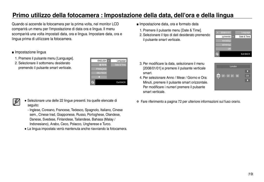 Samsung EC-NV30ZBBC/E1, EC-NV30ZSBA/E2, EC-NV30ZSDA/E3 manual Impostazione data, ora e formato data, Impostazione lingua 