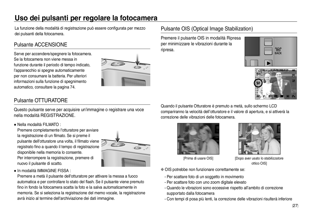 Samsung EC-NV30ZSBA/IT manual Uso dei pulsanti per regolare la fotocamera, Pulsante Accensione, Pulsante Otturatore 